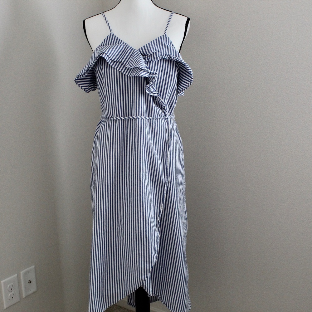 Blue and White Striped Ruffle Detail Faux Wrap Dress